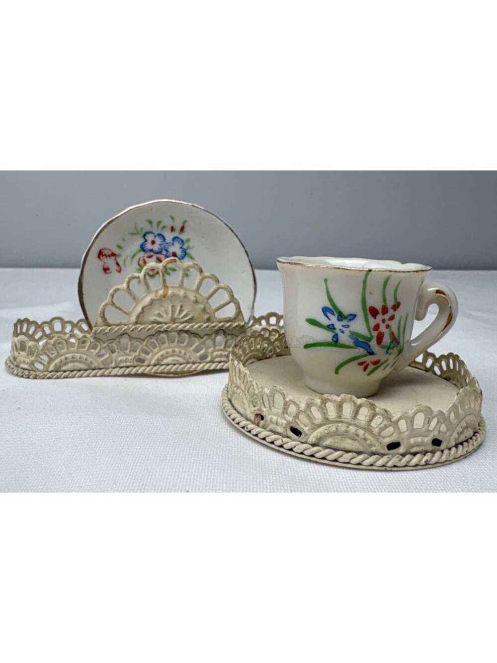 Vintage Japan Mini Teacup & Saucer Set Floral Design Gold Trim